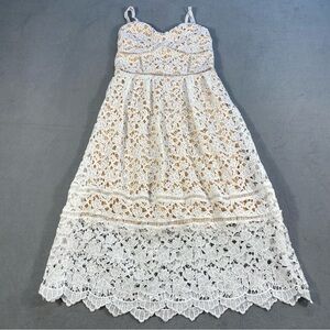Modernechild Women’s White Crochet Lace & Tan Midi Dress w/Adjustable straps,M